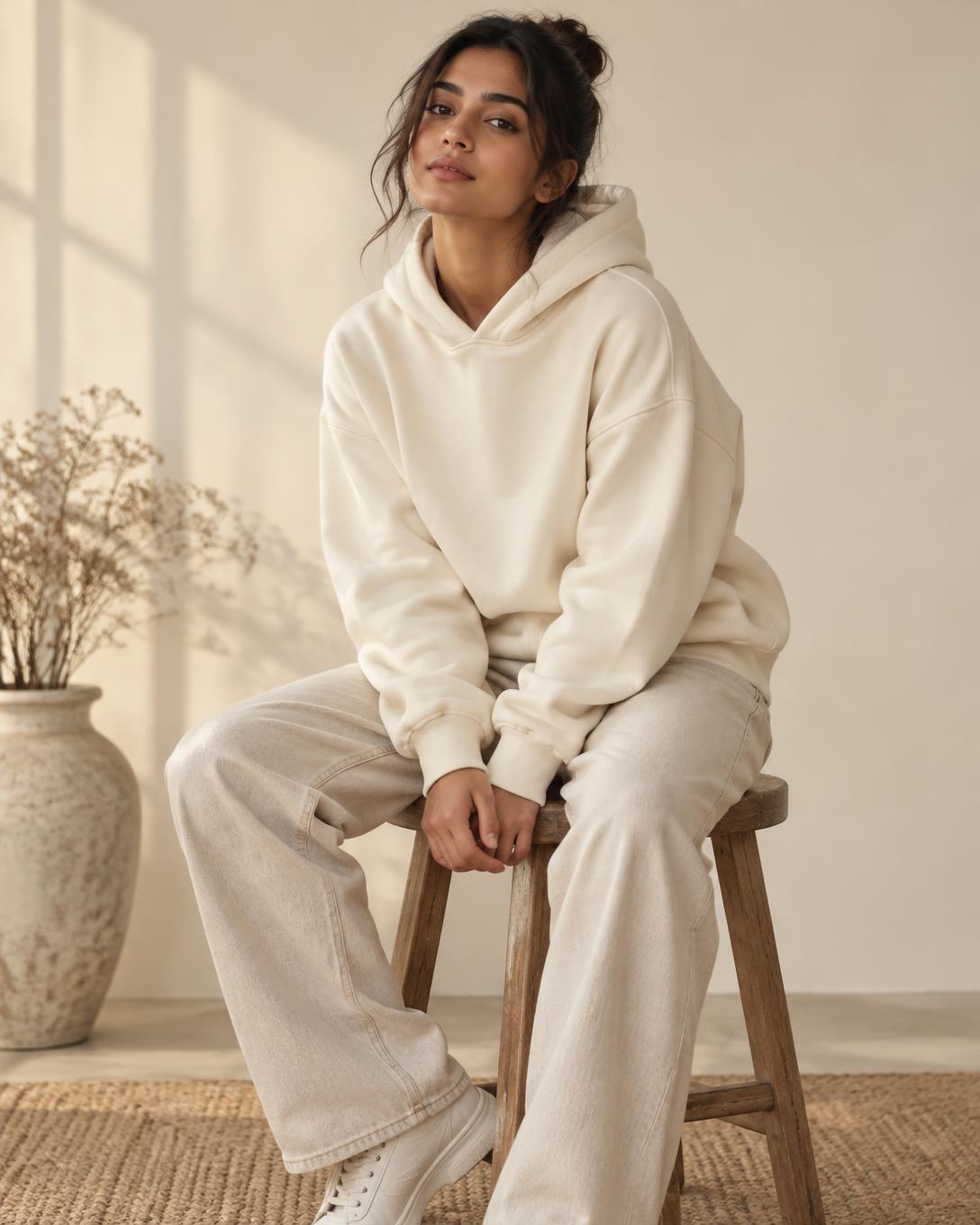 Model in an off-white relaxed hoodie